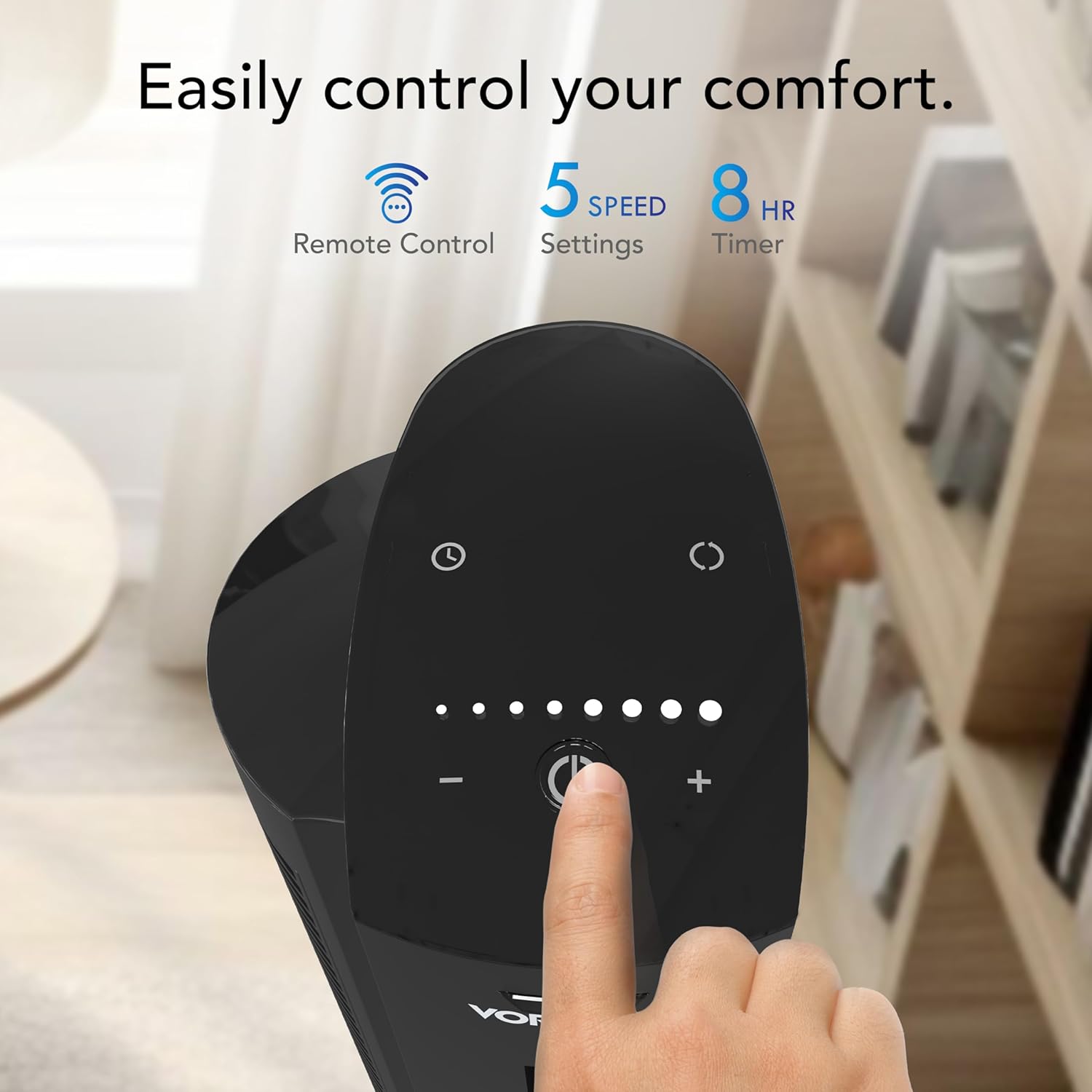 Vornado OZI42 42 Whole Room Tower Fan, Powerful Air Circulation, Space-Saving Design, Quiet Operation, 5 Speed Settings, 1-8 Hour Timer, 70-Degree Oscillation, Remote Control, Black